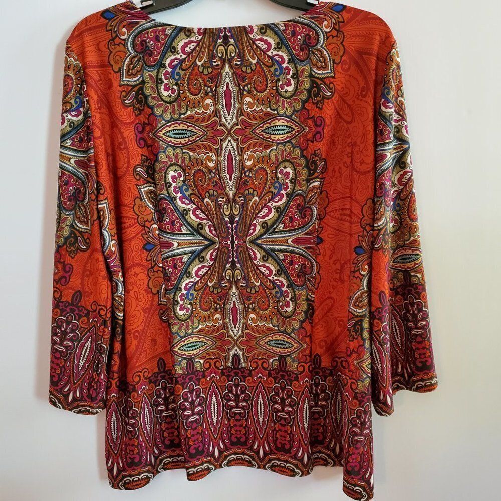 Boho Tunic Top With Long Flared Sleeves With A Paisley Mandala Print Sz PL - Picture 2 of 12
